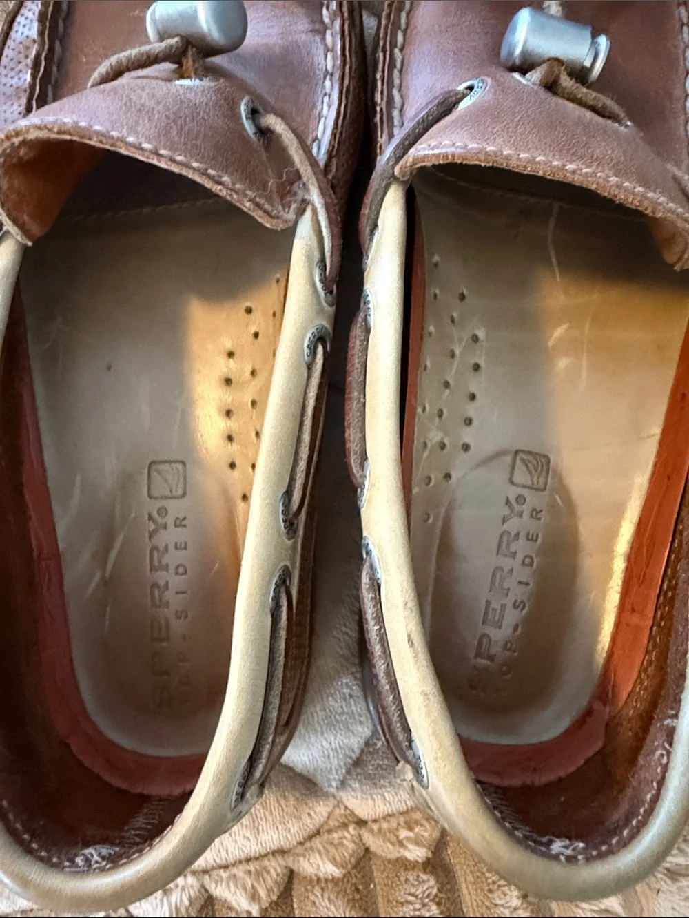 Sperry Men's Brown Leather Boat Shoes with Cream Trim